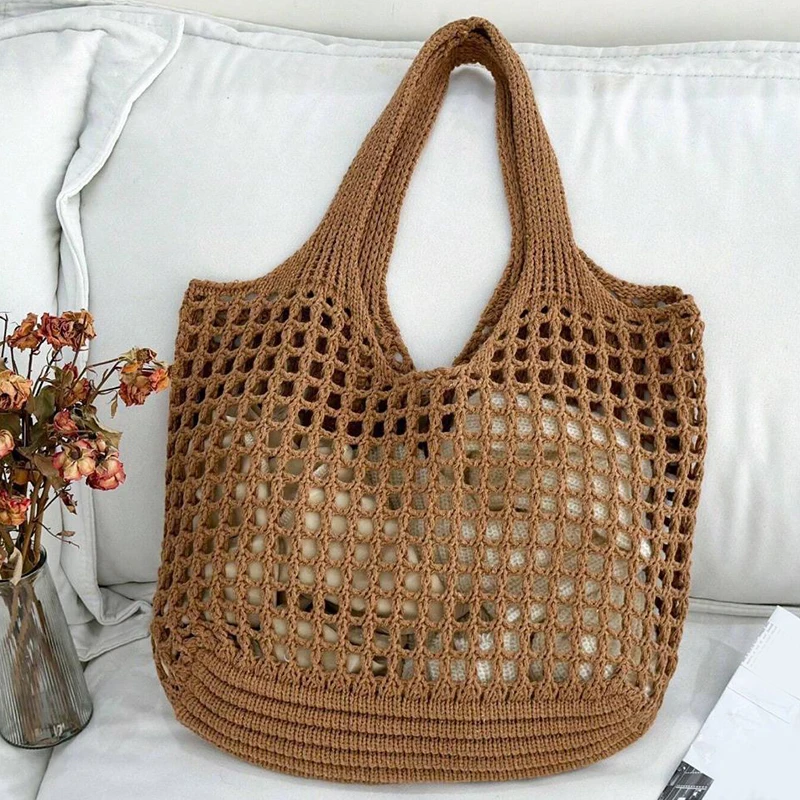 Women Crochet Tote Bag Hollow Beach Bag Large Capacity Fashion Knitted Bag Solid Color Simple Shopping Bag for Travel Vacation