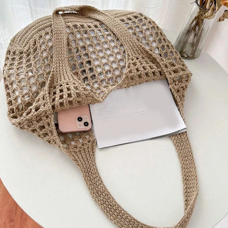Women Crochet Tote Bag Hollow Beach Bag Large Capacity Fashion Knitted Bag Solid Color Simple Shopping Bag for Travel Vacation
