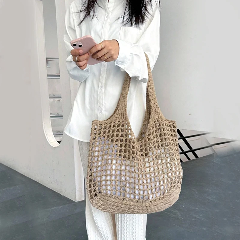 Women Crochet Tote Bag Hollow Beach Bag Large Capacity Fashion Knitted Bag Solid Color Simple Shopping Bag for Travel Vacation