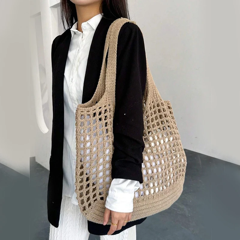 Women Crochet Tote Bag Hollow Beach Bag Large Capacity Fashion Knitted Bag Solid Color Simple Shopping Bag for Travel Vacation