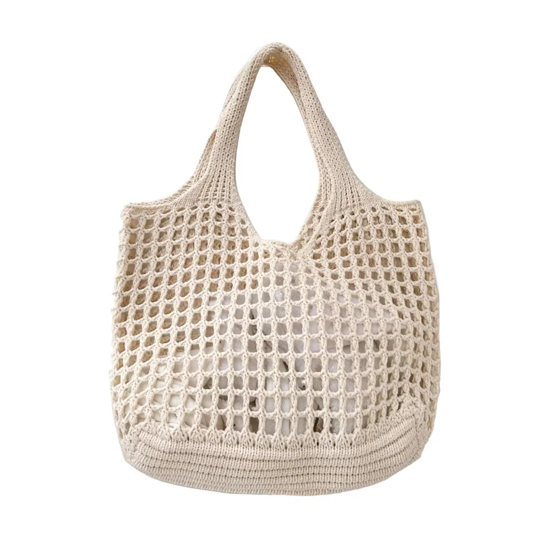 Women Crochet Tote Bag Hollow Beach Bag Large Capacity Fashion Knitted Bag Solid Color Simple Shopping Bag for Travel Vacation