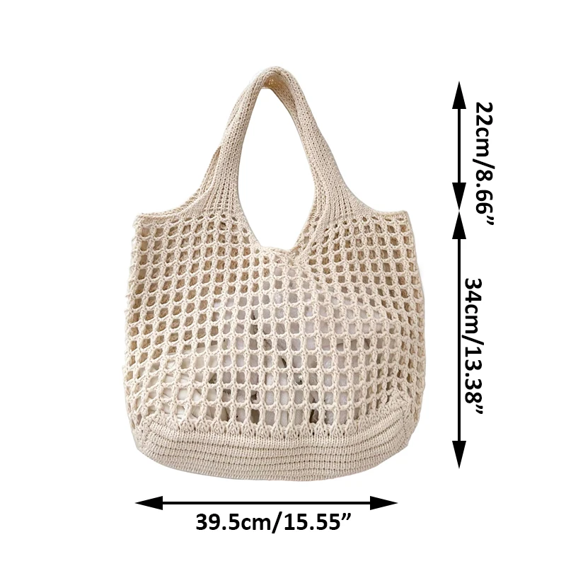Women Crochet Tote Bag Hollow Beach Bag Large Capacity Fashion Knitted Bag Solid Color Simple Shopping Bag for Travel Vacation