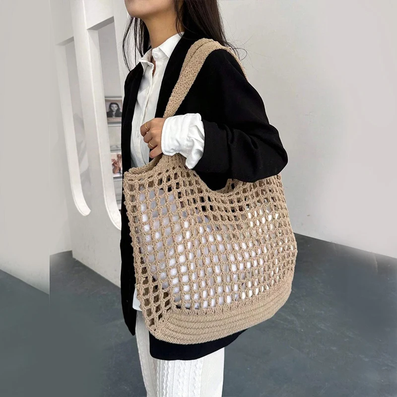 Women Crochet Tote Bag Hollow Beach Bag Large Capacity Fashion Knitted Bag Solid Color Simple Shopping Bag for Travel Vacation