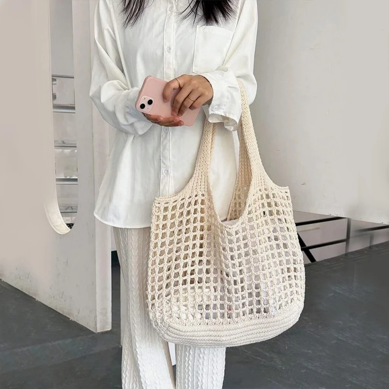 Women Crochet Tote Bag Hollow Beach Bag Large Capacity Fashion Knitted Bag Solid Color Simple Shopping Bag for Travel Vacation