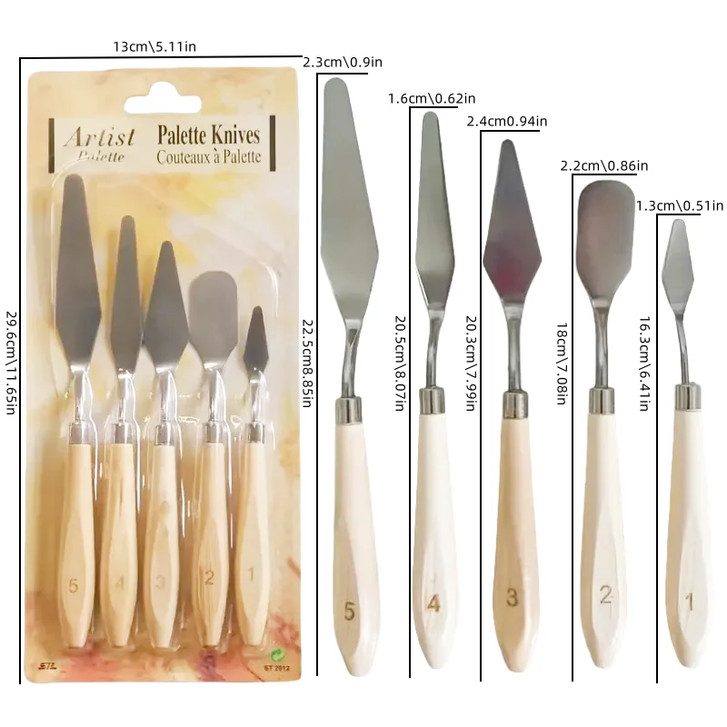 5-Piece Oil Painting Palette Knife Scraper Wooden Varnish Spatula Smoothing Knife