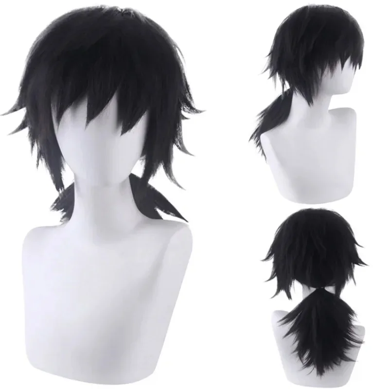 Tomioka Giyuu Cosplay Wig 40cm Long Black Man Hair Anime Wig Heat Resistant Synthetic Wigs