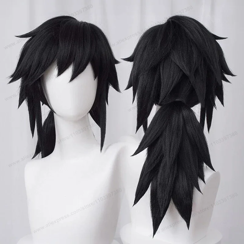 Tomioka Giyuu Cosplay Wig 40cm Long Black Man Hair Anime Wig Heat Resistant Synthetic Wigs