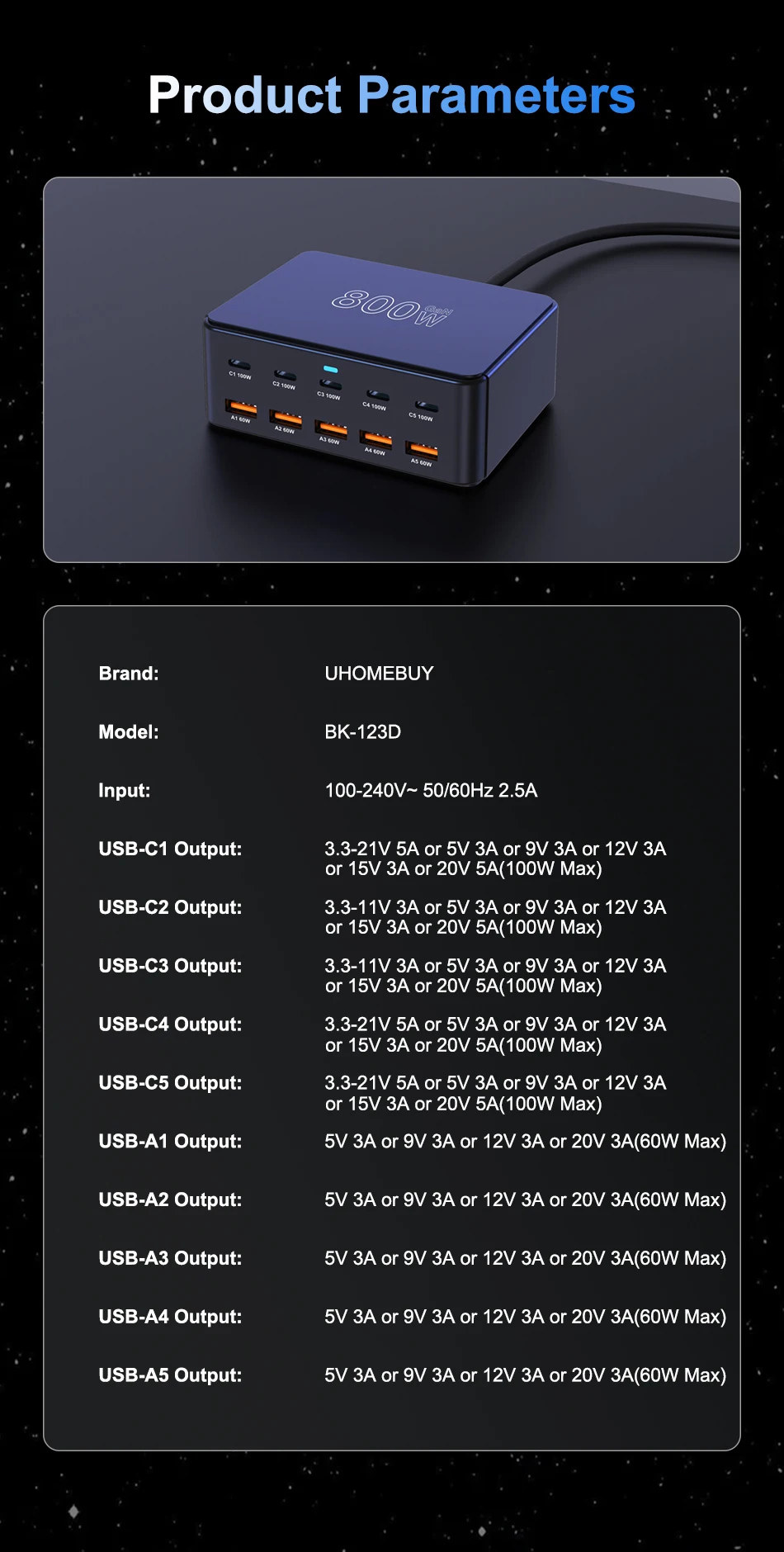 800W USB C GaN Charger 100W PD3.0 PPS QC3.0 Multiport Fast Charging Station for iPhone 15 16 Samsung Macbook Pro Laptops Tablets
