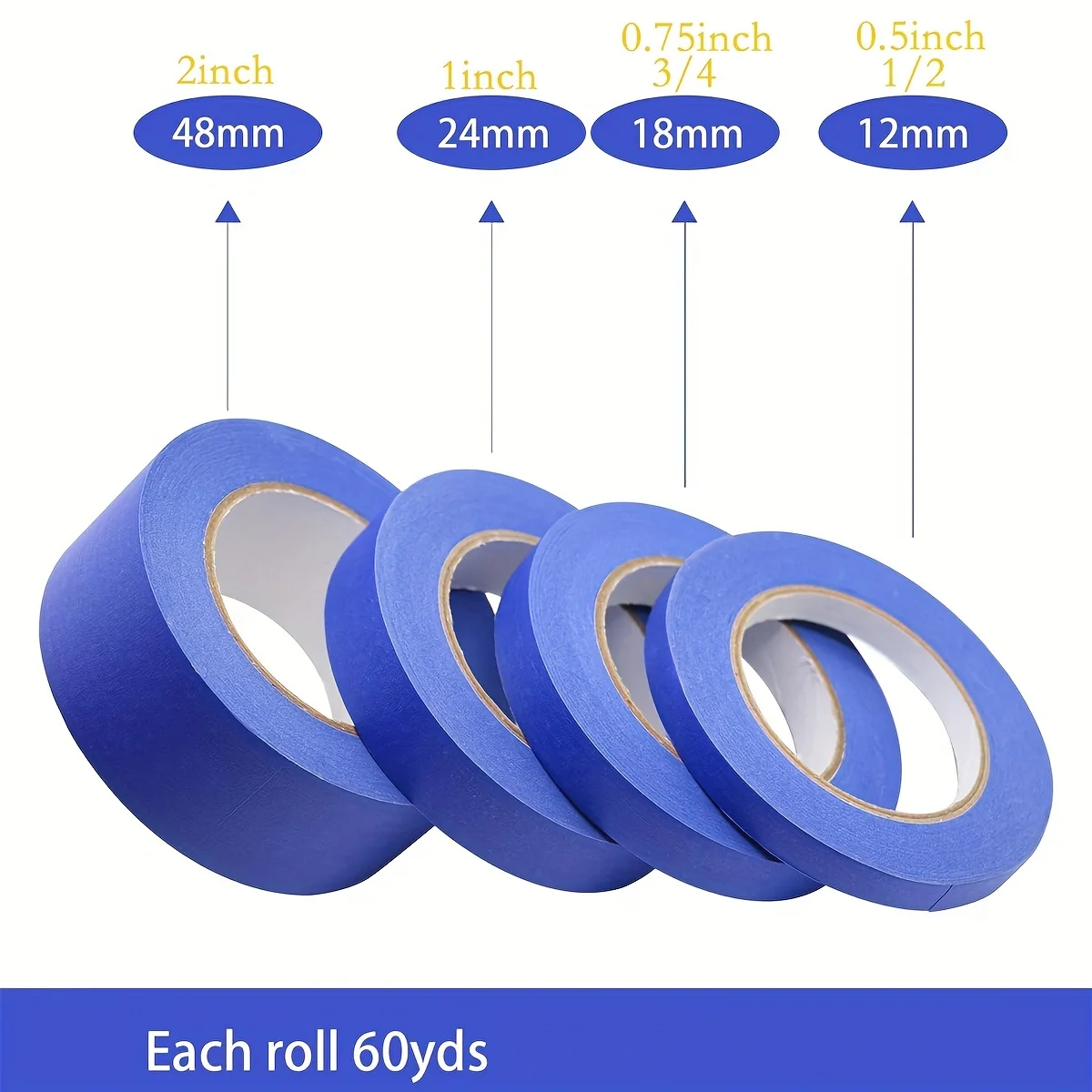 Blue Painters Tape, 1/2 inch,3/4 inch,1 inch,2 inch, Multi Size Painting Masking Tape, Clean Release Paper Tape for Home