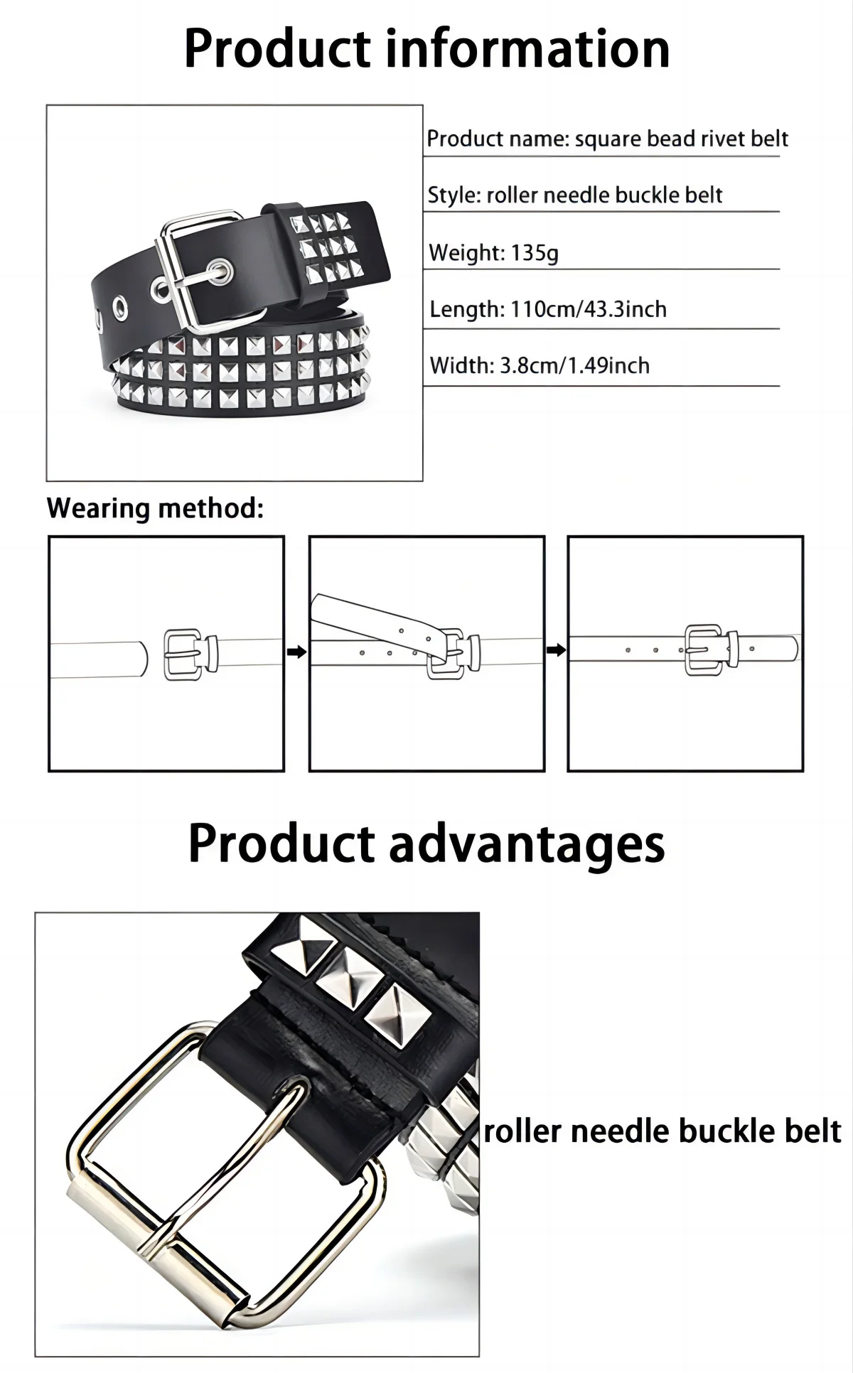 Fashion New Square Bead Rivet Belt Metal Pyramid Belt Men and Women Punk Hardware Jeans Belt Y2K Belt Designer Belt Women's Belt