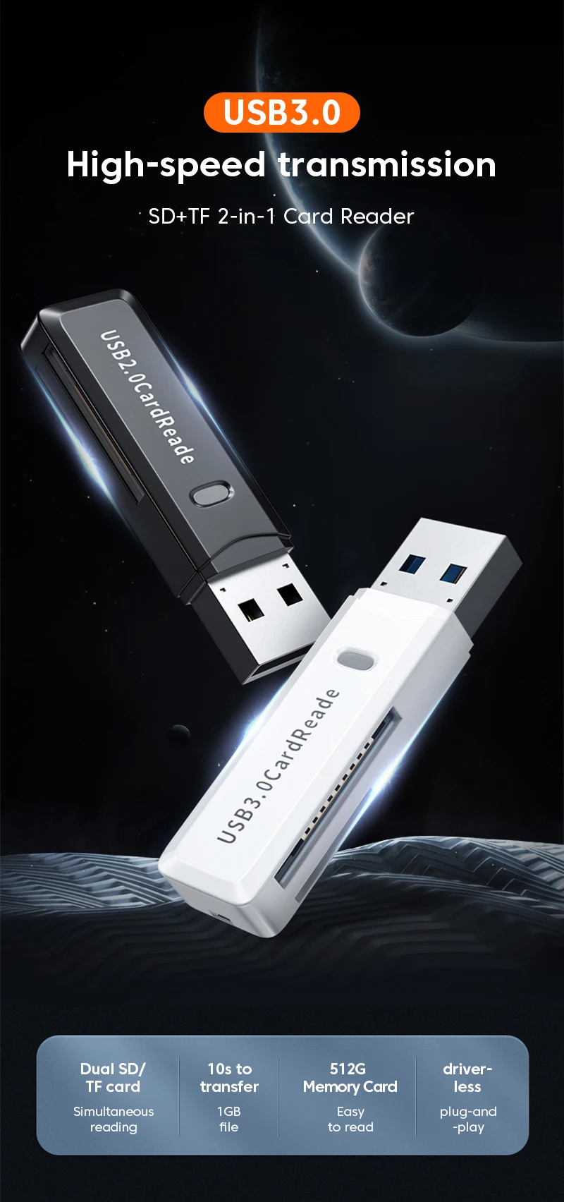 2-in-1 USB3.0/2.0 Card Reader USB3.0 To SD TF Memory Card Reader USB Flash Drive Cardreader Adapter For PC Laptops Accessories