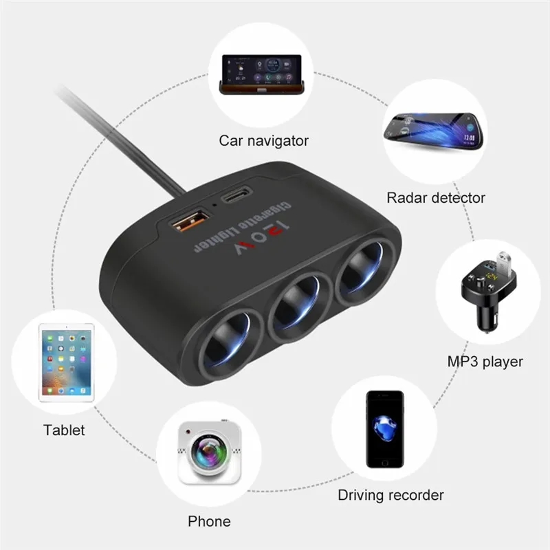 3 in 1 USB Type C Socket 120W Car Cigarette Lighter Splitter 12V 24V Fast Charger Phone Power Adapter for Car DVR GPS Dashcam