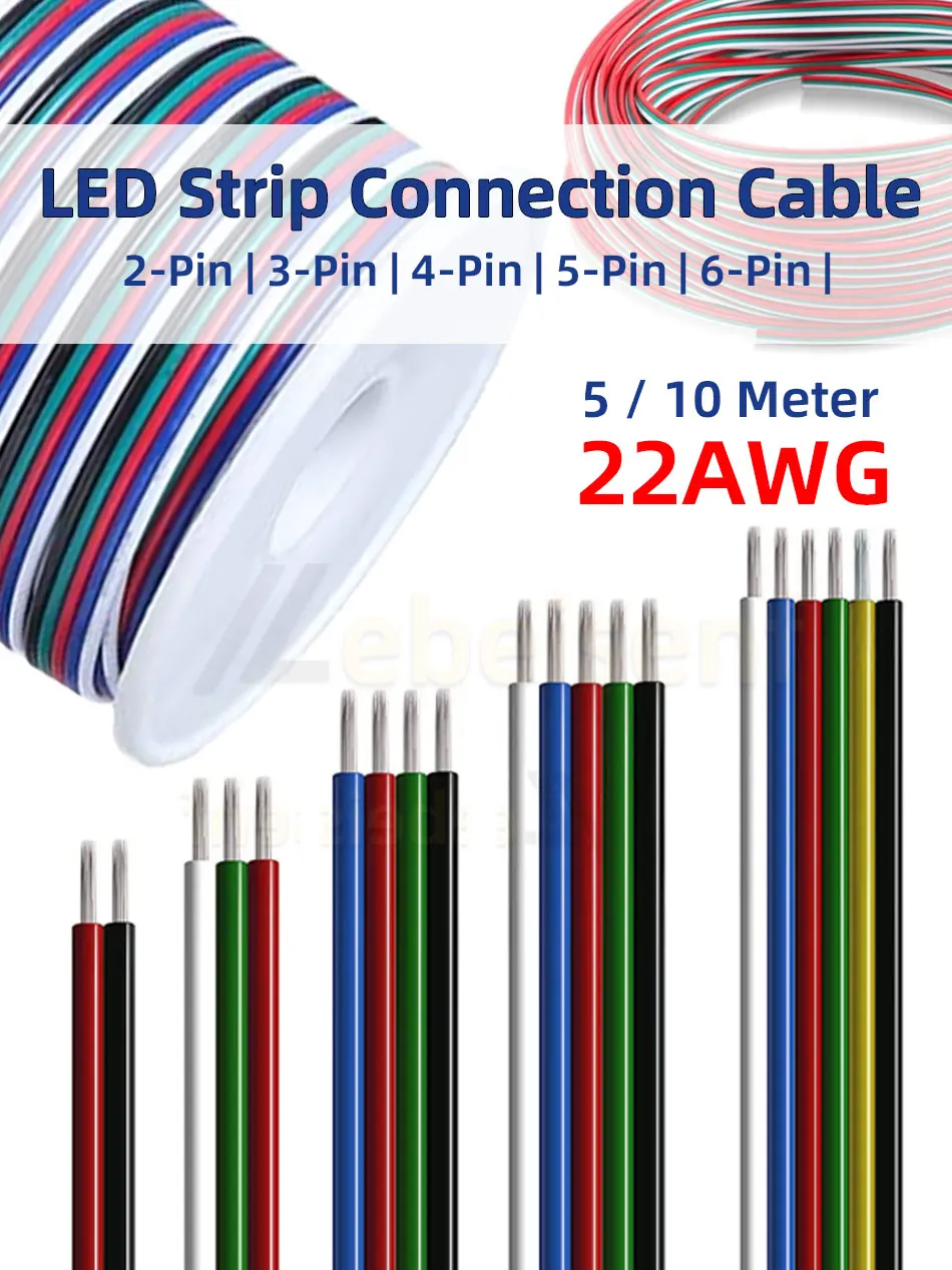 5/10M 22AWG 2-6Pin LED Strip Extension Wire Cord Color Cable For 3528 5050 RGB RGBW CCT DIY Cabinet LED Light Strip Accessories