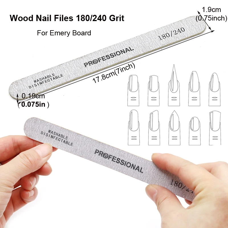 10pcs/Lot Wooden Nail Files Professional 100 180 240 Emery Board Manicure Buffer Grey Boat Double-sided Wooden Pedicure Buffers
