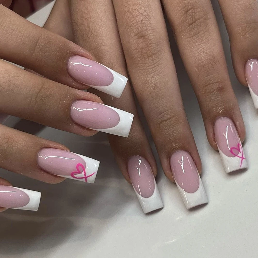 24pcs/set short square fake nails for women cute bride heart white french tips faux ongles y2k press on false nail supplies