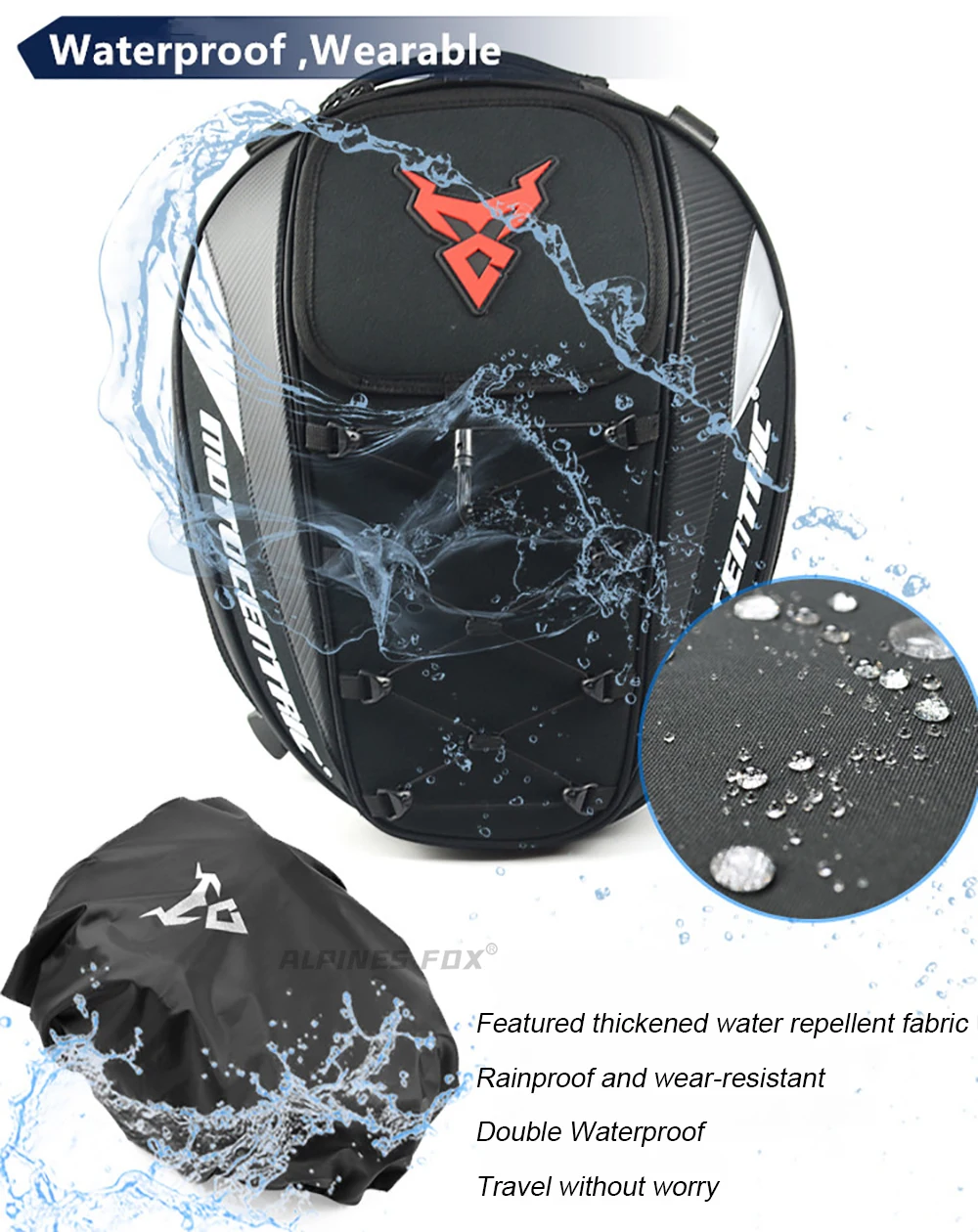 MOTOCENTRIC Waterproof Motorcycle Tail Bag Multi-functional Durable Rear Seat Bag 37L High Capacity Rider Helmet Backpack
