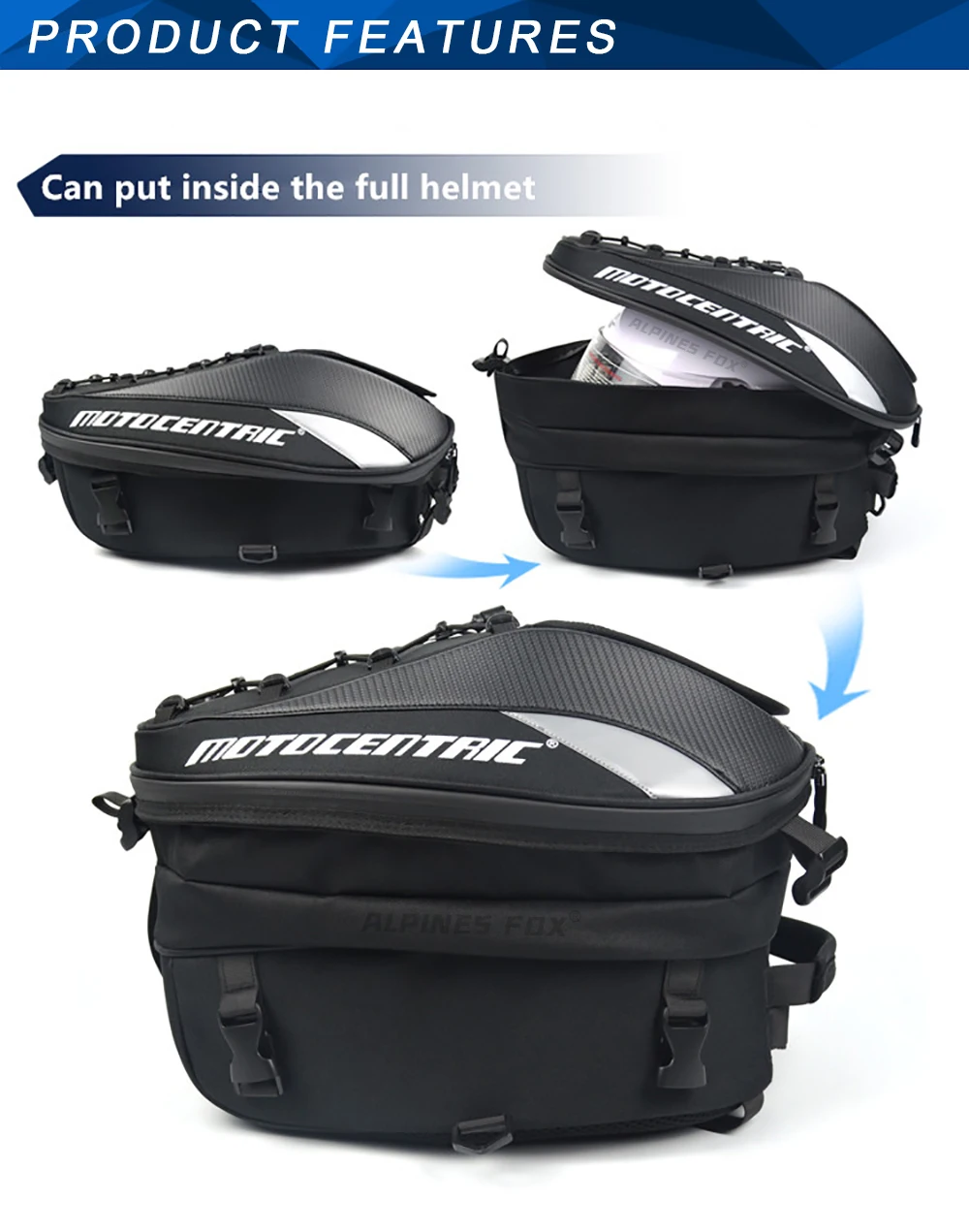 MOTOCENTRIC Waterproof Motorcycle Tail Bag Multi-functional Durable Rear Seat Bag 37L High Capacity Rider Helmet Backpack