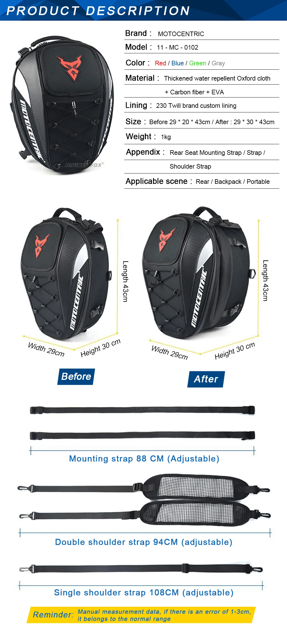 MOTOCENTRIC Waterproof Motorcycle Tail Bag Multi-functional Durable Rear Seat Bag 37L High Capacity Rider Helmet Backpack