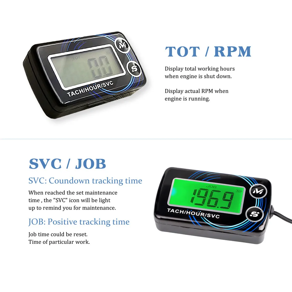 Inductive Tachometer Hour Meters 2 IN 1 Gauge Alert RPM Engine Hour Meter Backlit Resettable Tacho for Motorcycle ATV Lawn Mower