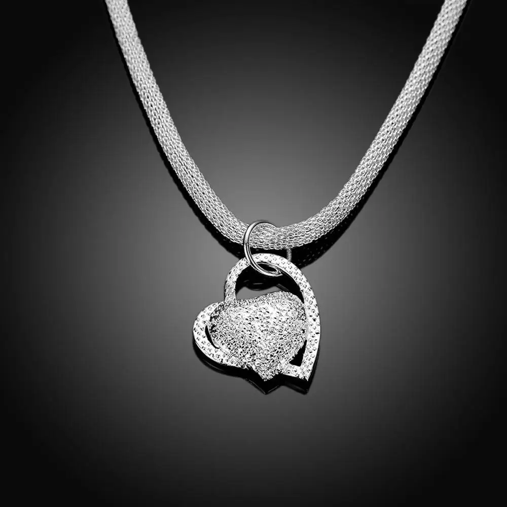 Wholesale 925 Sterling Silver 18 Inch Double Heart Pendant Necklace For Women Fashion Wedding Charm Jewelry