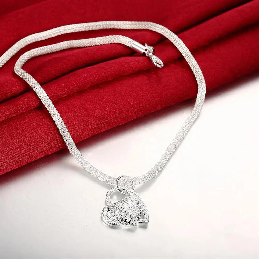 Wholesale 925 Sterling Silver 18 Inch Double Heart Pendant Necklace For Women Fashion Wedding Charm Jewelry
