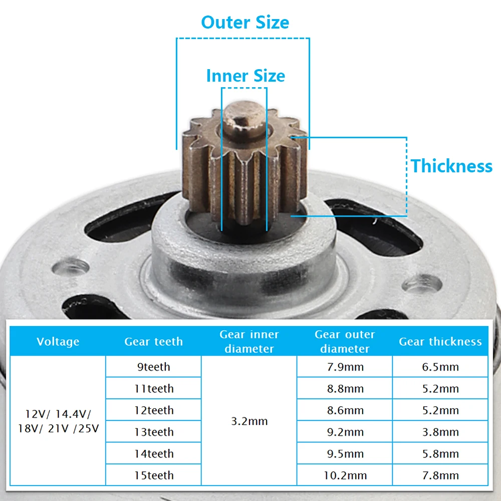 RS550 DC Motor 12V 14-4V 16-8V 18V 25V Micro Engine Electric Motors with 9/11/12/13/14/15 Teeth High Torque Gear Box for Drill