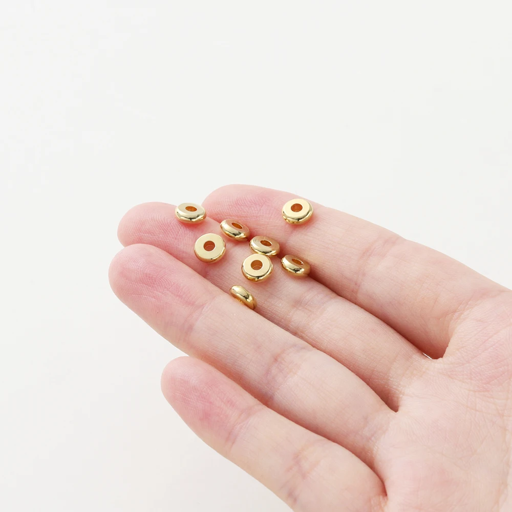 50pcs/lot 14K/18K Gold Color Plated Brass 4mm 5mm 6mm Round Spacer Beads Flat Bracelet Beads for DIY Jewelry Accessories
