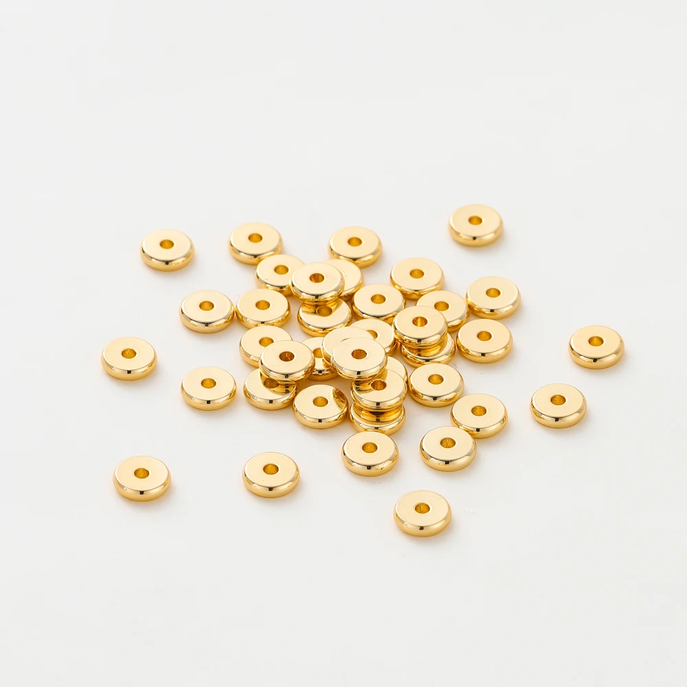 50pcs/lot 14K/18K Gold Color Plated Brass 4mm 5mm 6mm Round Spacer Beads Flat Bracelet Beads for DIY Jewelry Accessories