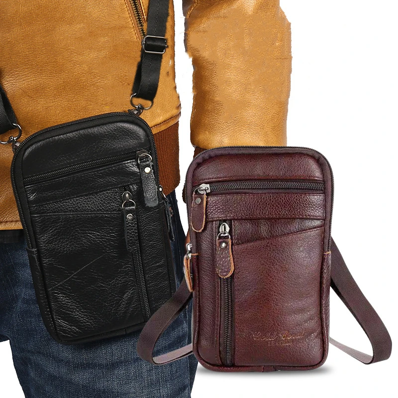 New Men's Genuine Leather Waist Packs Bag Phone Pouch Bags Men Handbag Bag Small Chest Shoulder Belt Bag Crossbody Leather Bags