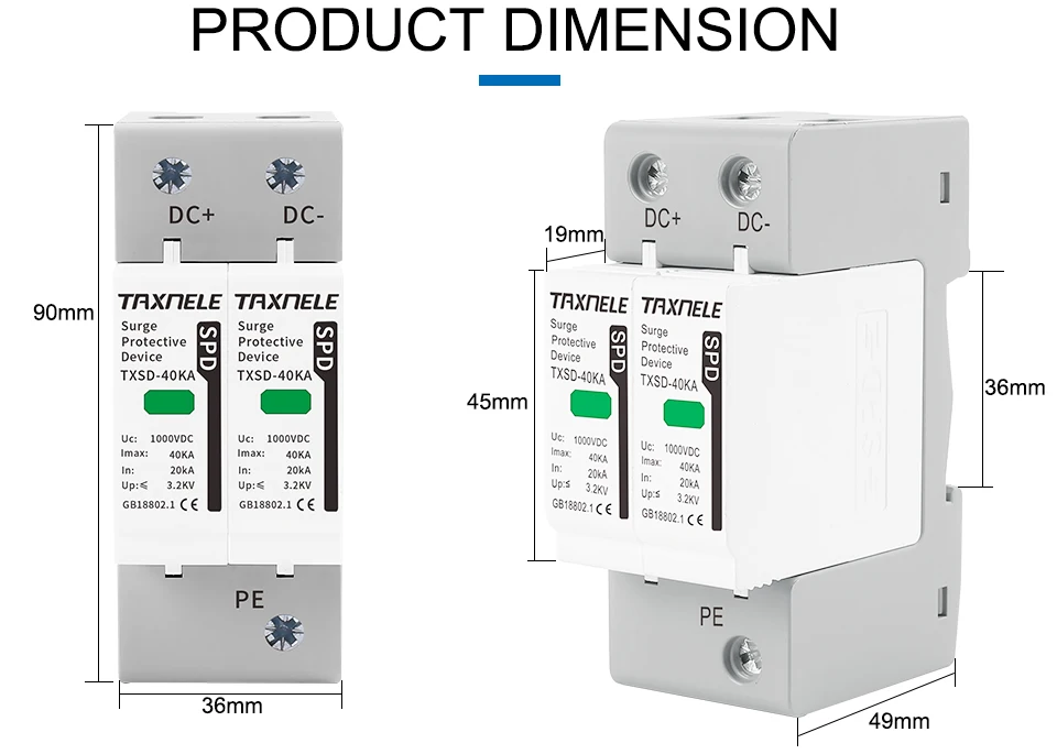 DC SPD Surge Protective Device 600V 800V 1000V 2P 20KA 40KA 60KA Voltage Protector Solar PV Photovoltaic Lightning Arrester