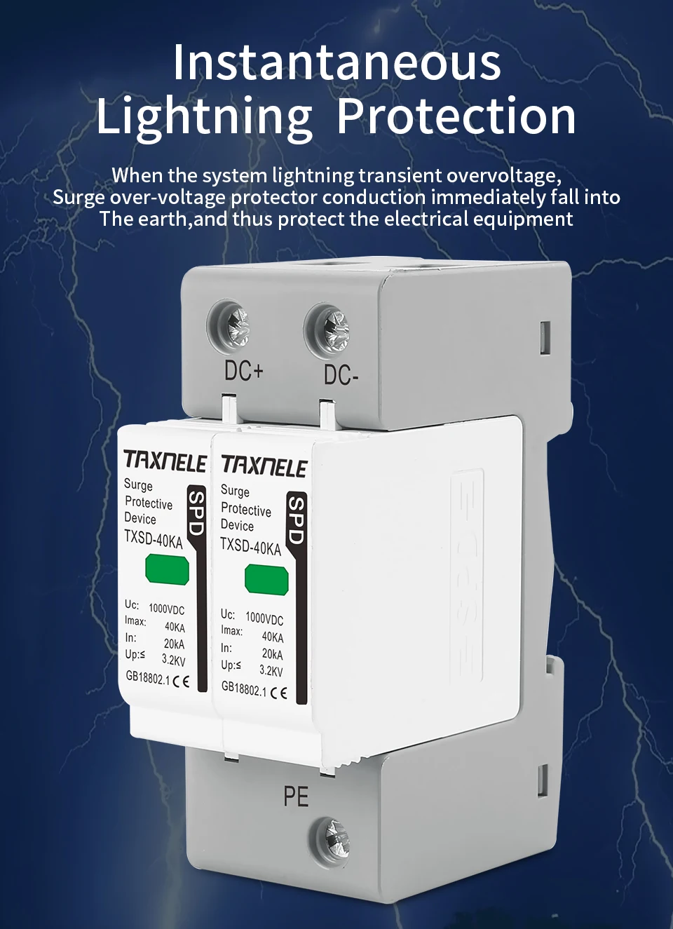 DC SPD Surge Protective Device 600V 800V 1000V 2P 20KA 40KA 60KA Voltage Protector Solar PV Photovoltaic Lightning Arrester