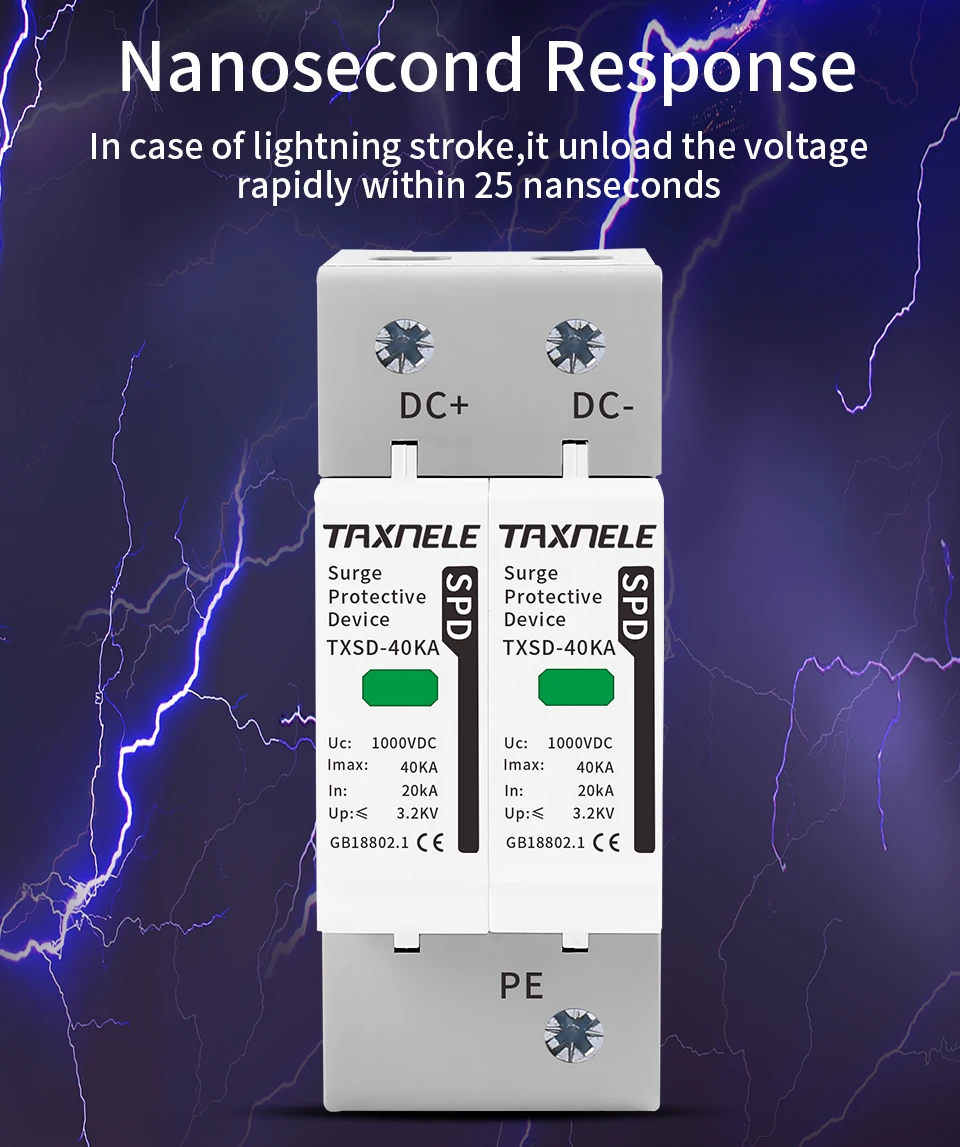 DC SPD Surge Protective Device 600V 800V 1000V 2P 20KA 40KA 60KA Voltage Protector Solar PV Photovoltaic Lightning Arrester