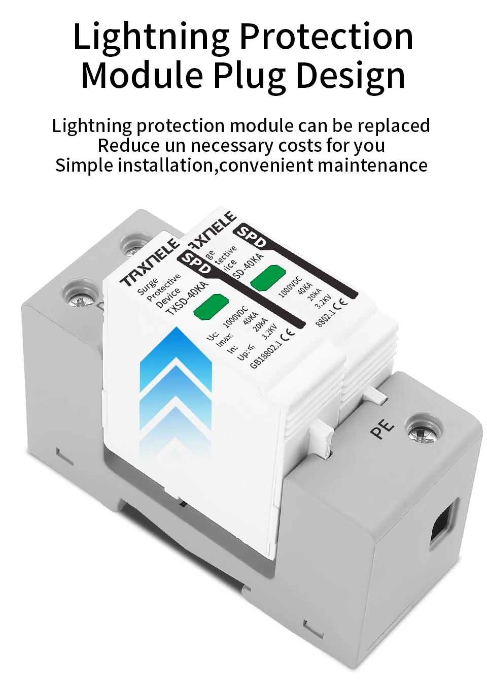 DC SPD Surge Protective Device 600V 800V 1000V 2P 20KA 40KA 60KA Voltage Protector Solar PV Photovoltaic Lightning Arrester