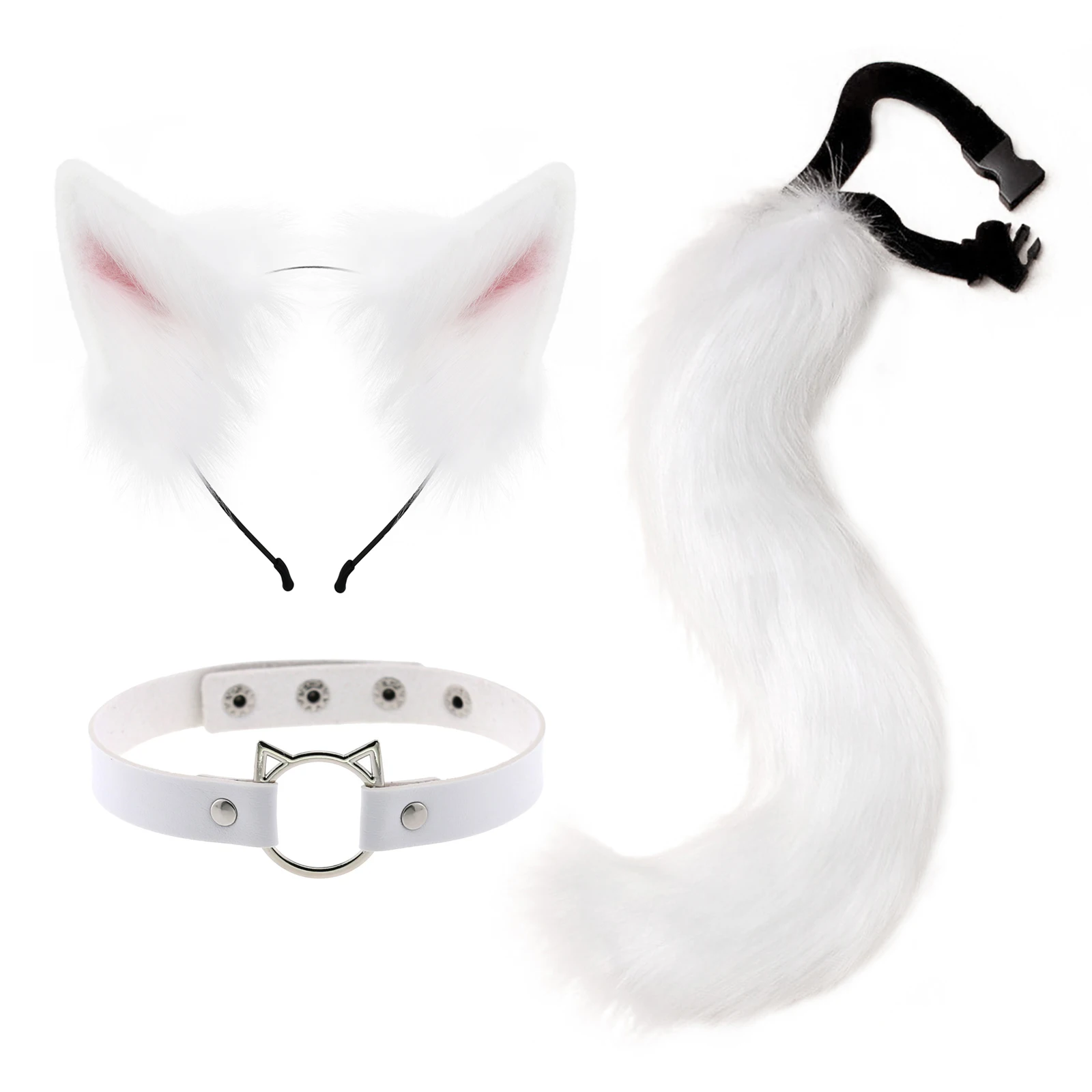 Cat Ears and Wolf Fox Animal Tail Cosplay Costume Faux Fur Hair Clip Headdress Halloween Leather Neck Chocker Set