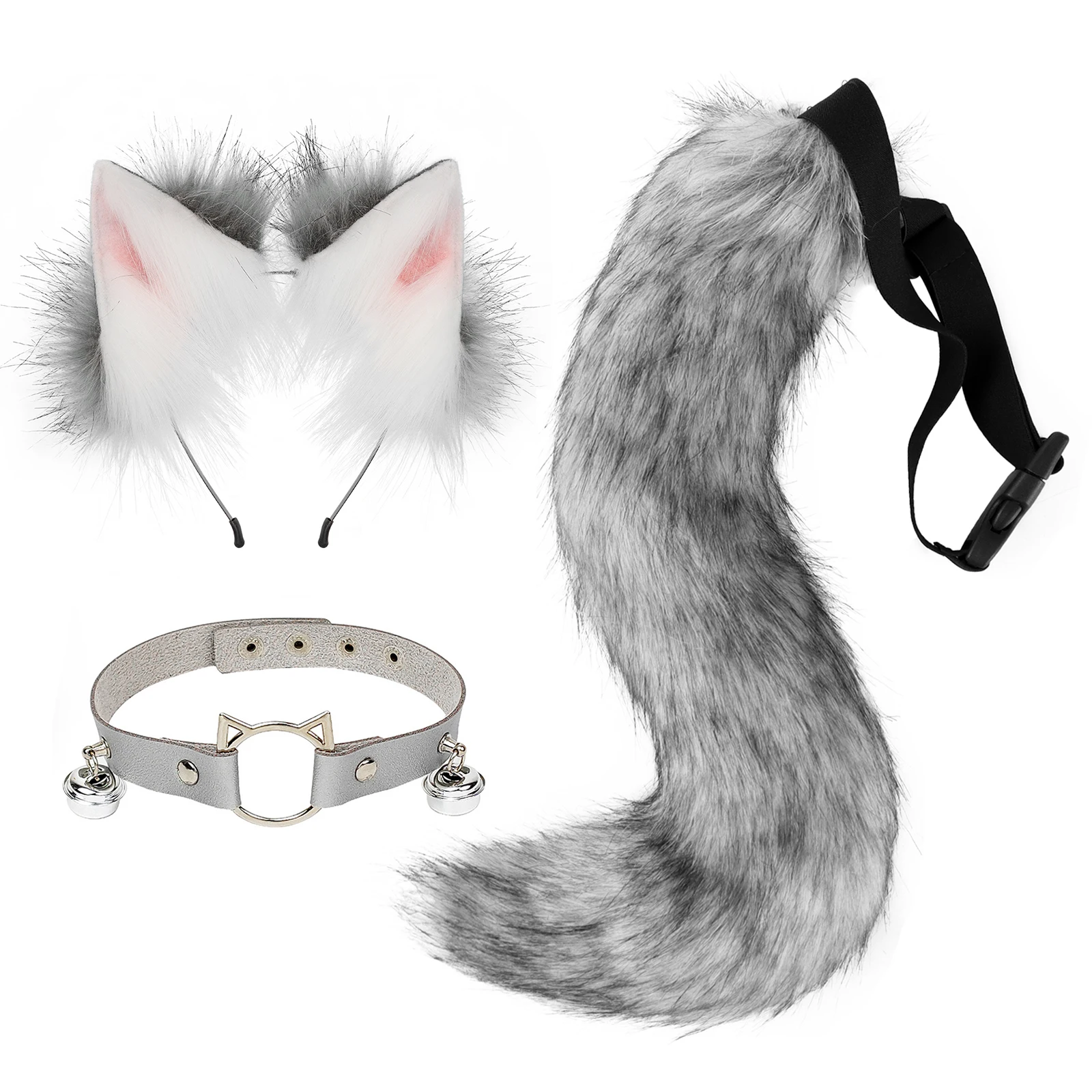 Cat Ears and Wolf Fox Animal Tail Cosplay Costume Faux Fur Hair Clip Headdress Halloween Leather Neck Chocker Set