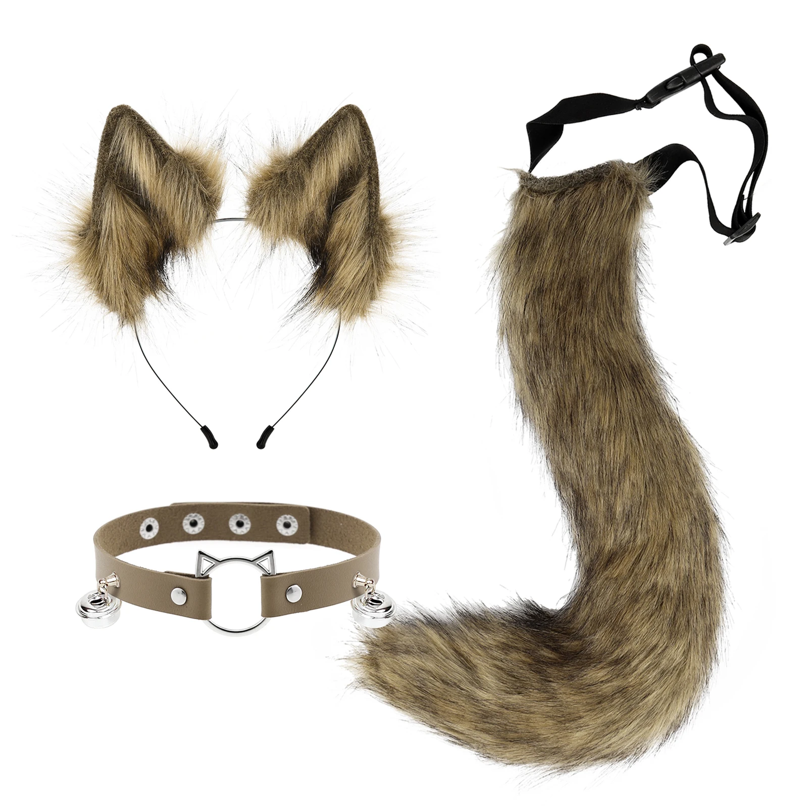 Cat Ears and Wolf Fox Animal Tail Cosplay Costume Faux Fur Hair Clip Headdress Halloween Leather Neck Chocker Set
