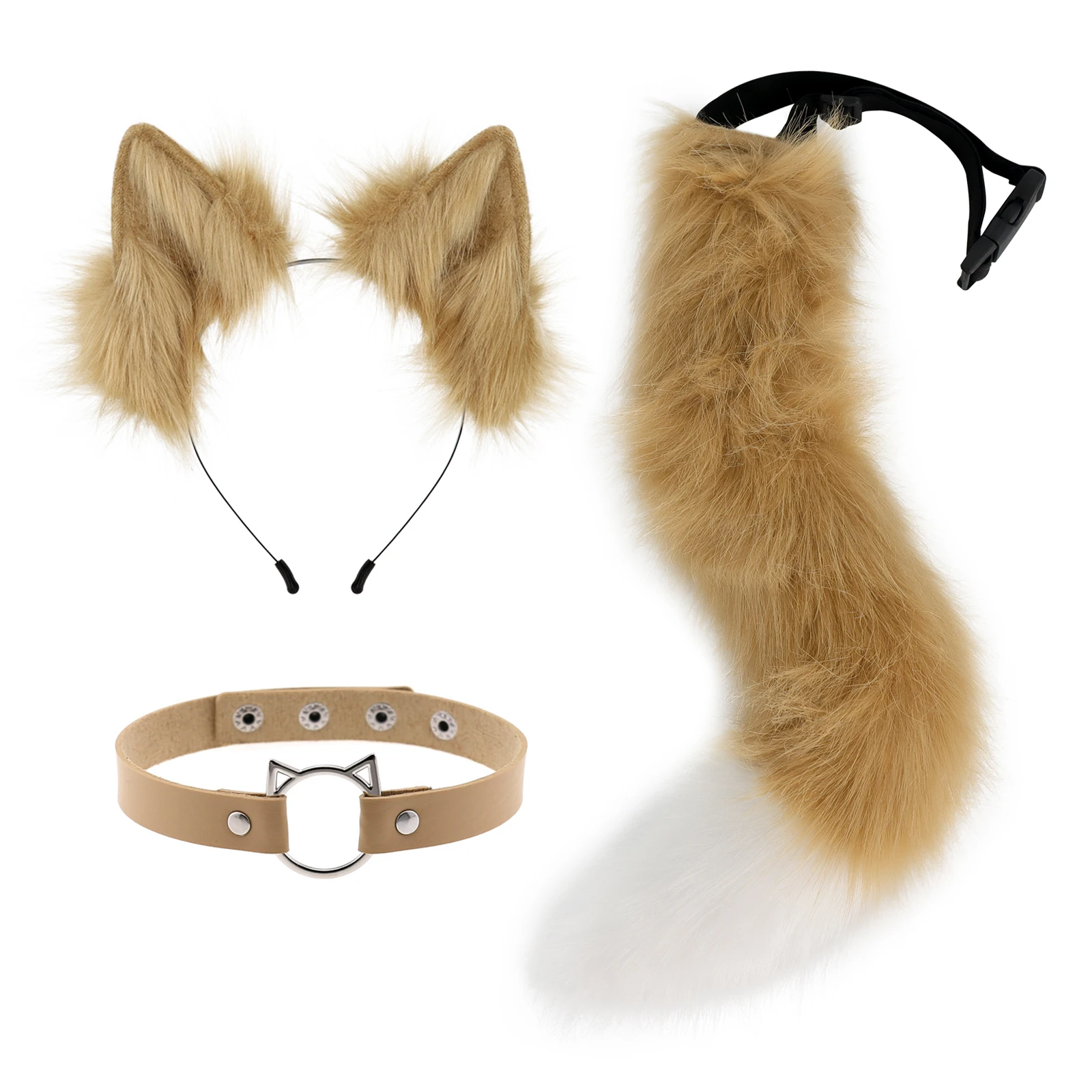 Cat Ears and Wolf Fox Animal Tail Cosplay Costume Faux Fur Hair Clip Headdress Halloween Leather Neck Chocker Set