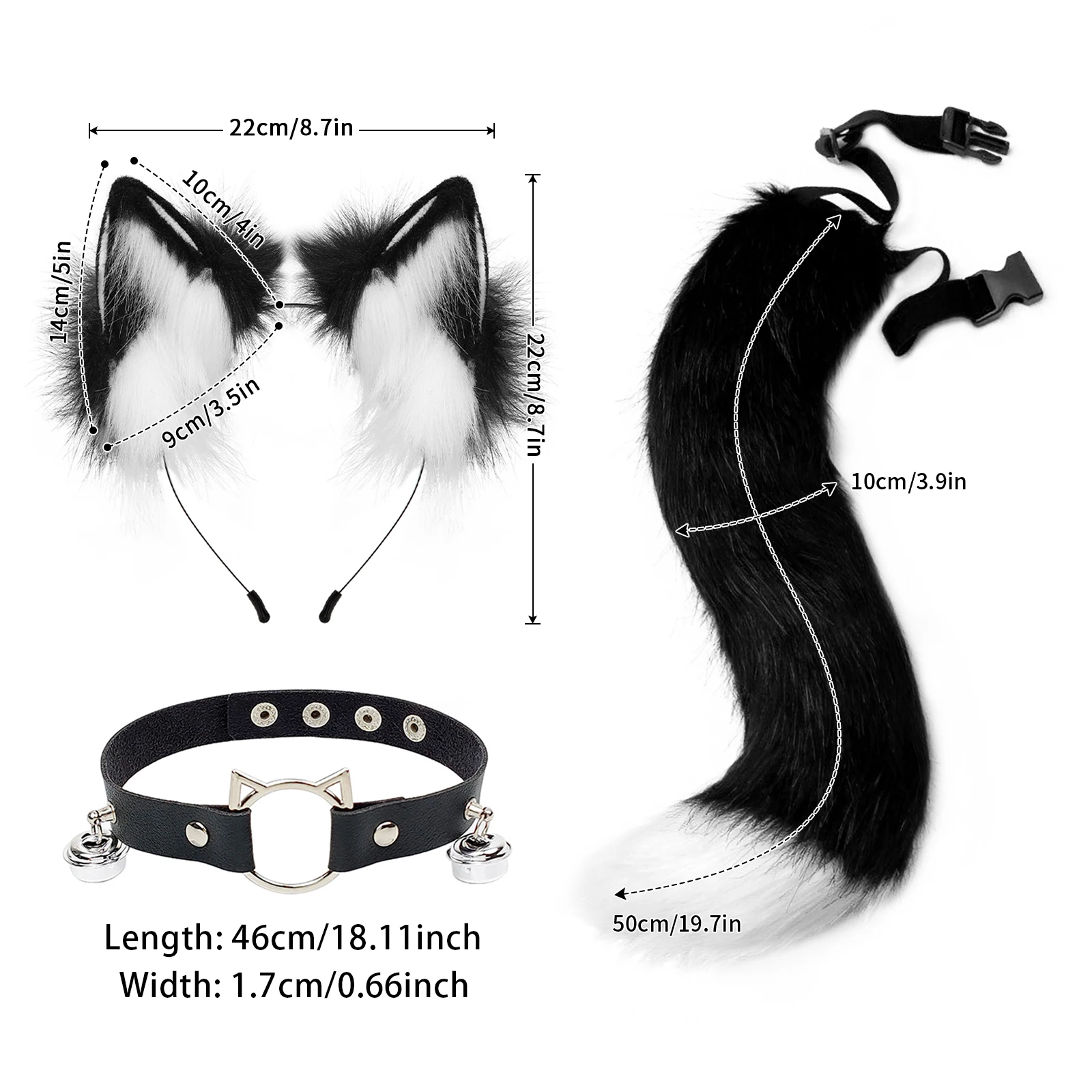 Cat Ears and Wolf Fox Animal Tail Cosplay Costume Faux Fur Hair Clip Headdress Halloween Leather Neck Chocker Set