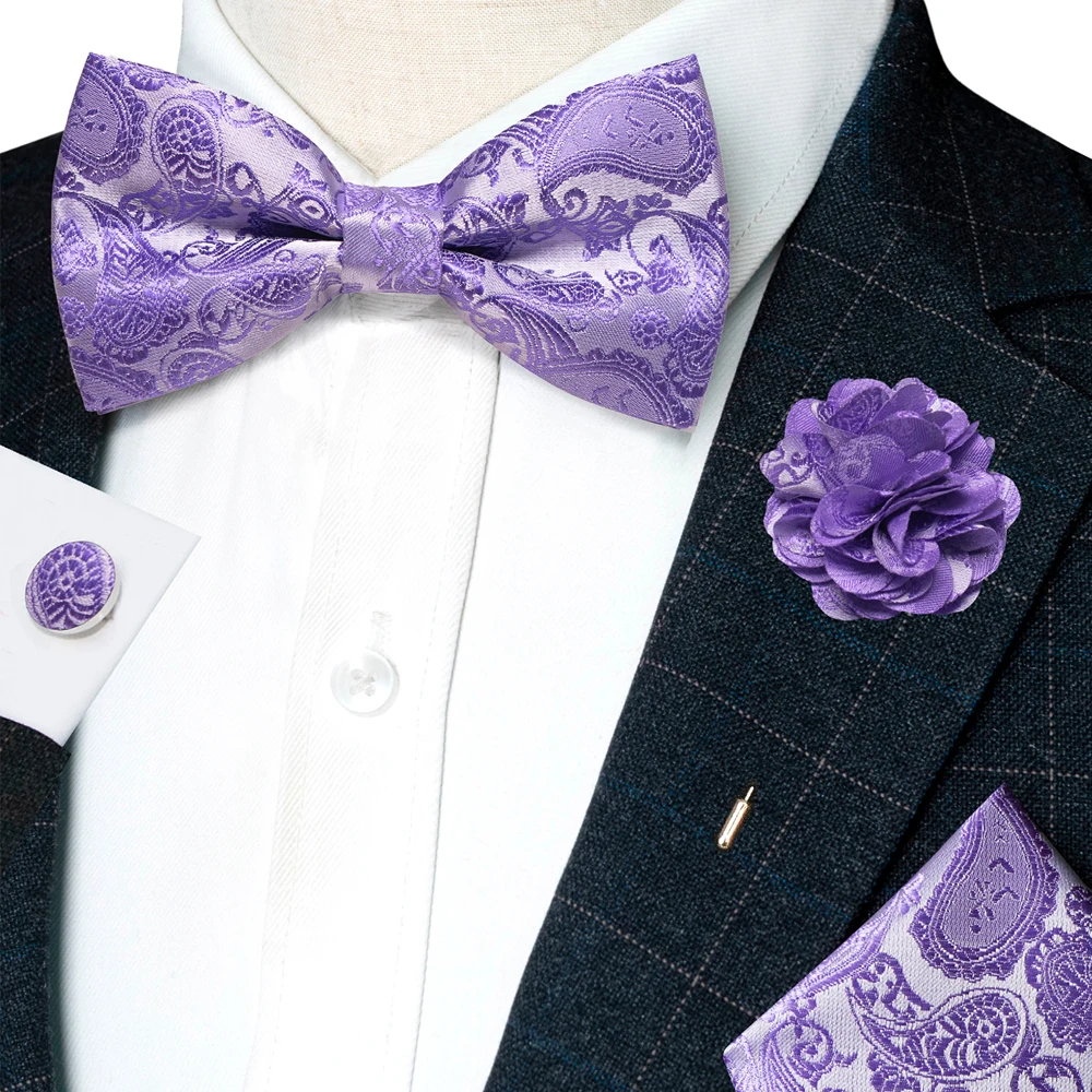 Champagne Silk Jacquard Paisley Mens Bow Tie Brooch Hanky Cufflinks Set Pre-tied Butterfly Knot Bowtie for Male Wedding Business