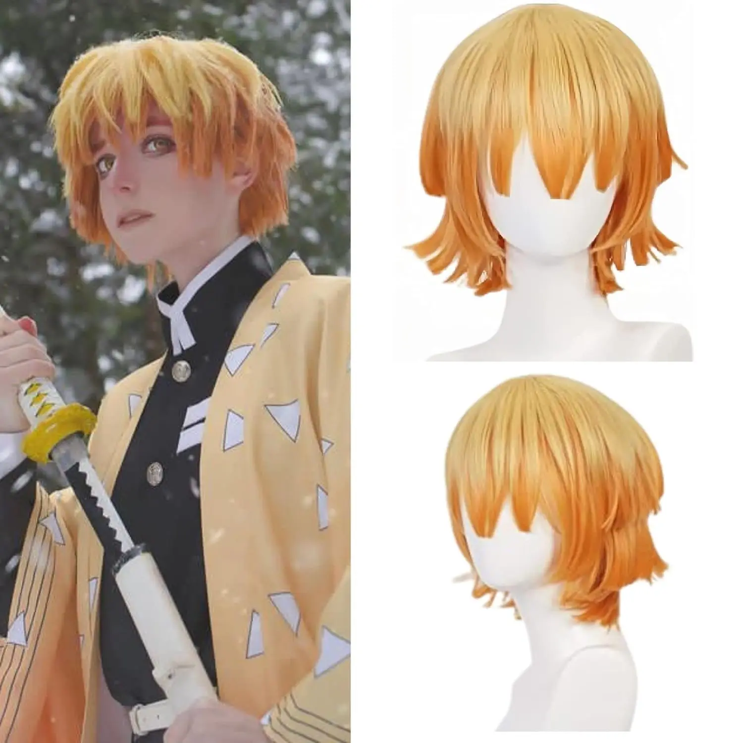Zenitsu Wig Short Yellow Wig For Demon Slayer Cosplay Orange Ombre Wig Cosplay Wig for Synthetic Wig for Halloween Party Cosplay