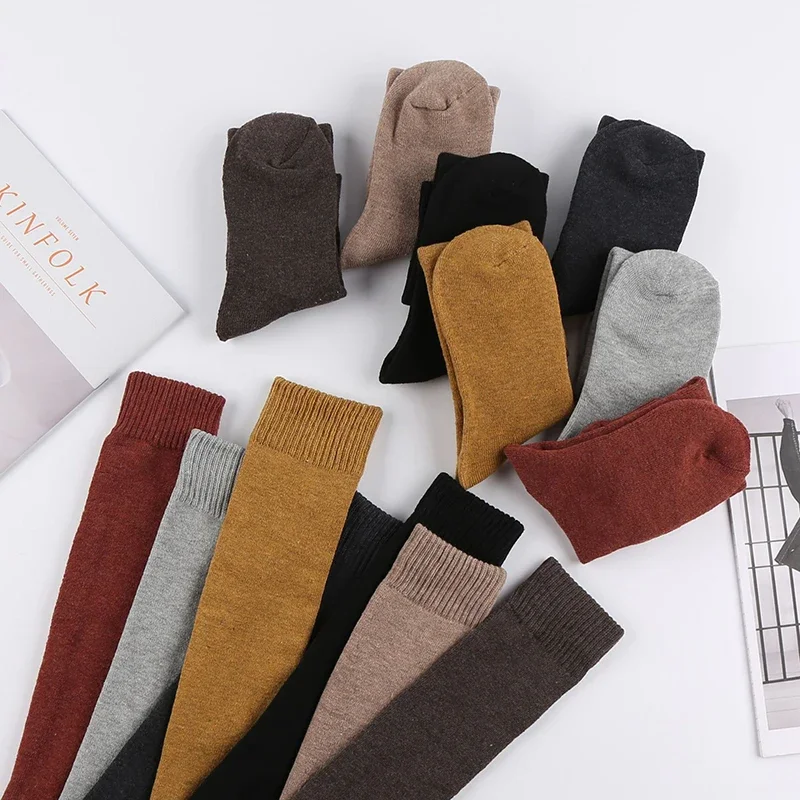 5 Pairs Of Winter Women's Warm Socks Solid Color Breathable And Thickened Knee Length Socks Harajuku Casual Cotton Socks