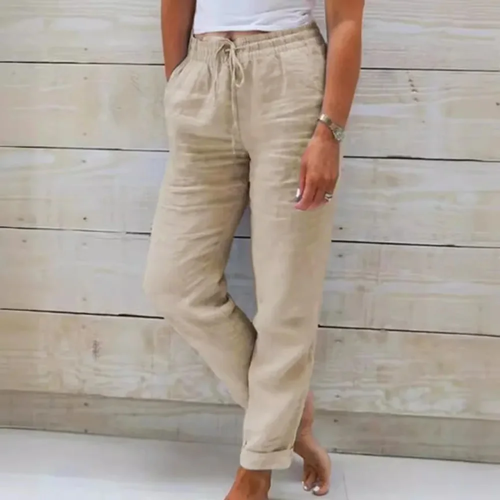 Women Summer Autumn Breathable Cotton Linen Trendy Pants Elastic Waist Straight Leg Solid Color Female Casual Baggy Trousers