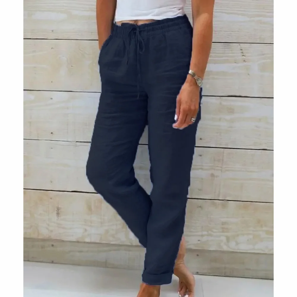 Women Summer Autumn Breathable Cotton Linen Trendy Pants Elastic Waist Straight Leg Solid Color Female Casual Baggy Trousers