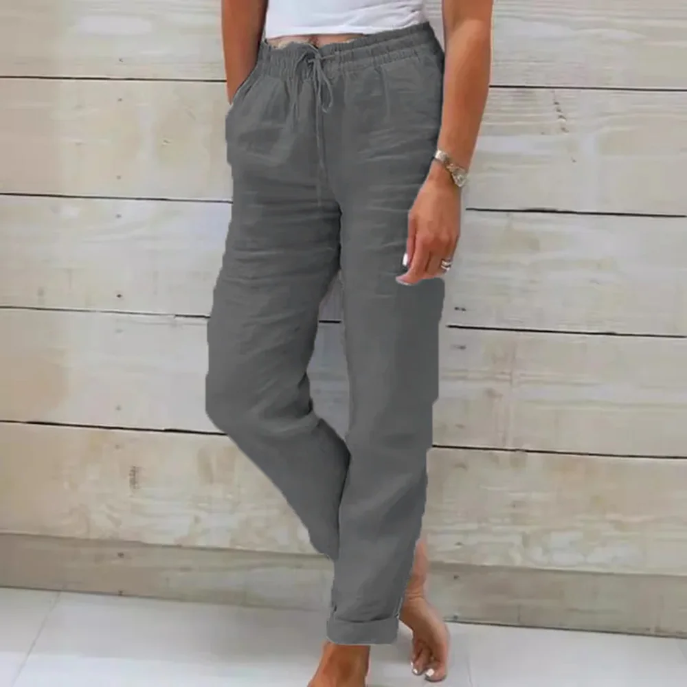 Women Summer Autumn Breathable Cotton Linen Trendy Pants Elastic Waist Straight Leg Solid Color Female Casual Baggy Trousers