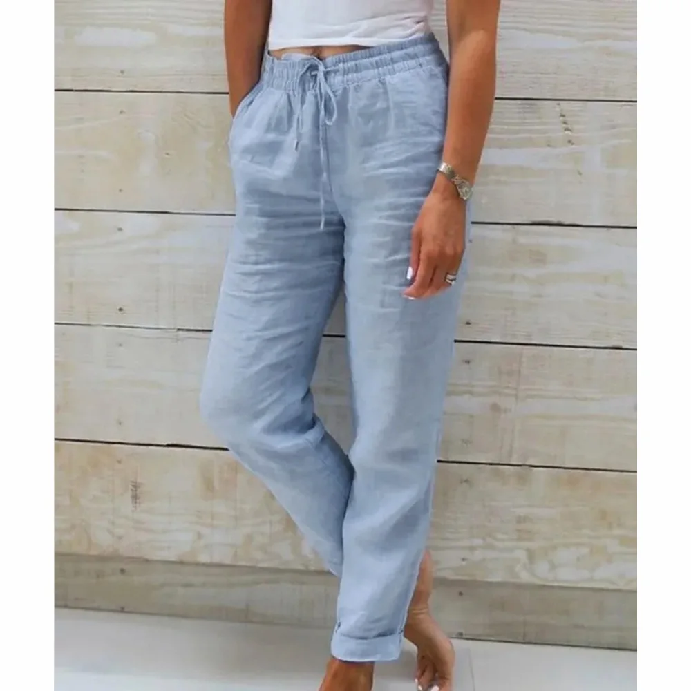 Women Summer Autumn Breathable Cotton Linen Trendy Pants Elastic Waist Straight Leg Solid Color Female Casual Baggy Trousers