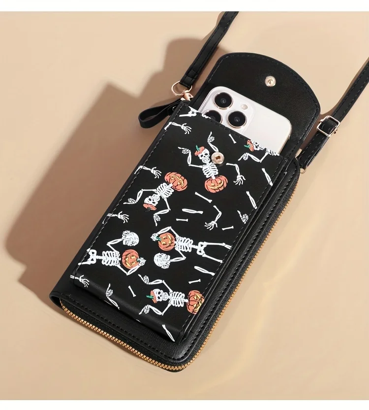 Spooky Ghost Skull Crossbody Bag - Halloween Zippered Style - Gothic Phone Purse with Secure compartments for Fashion Witches