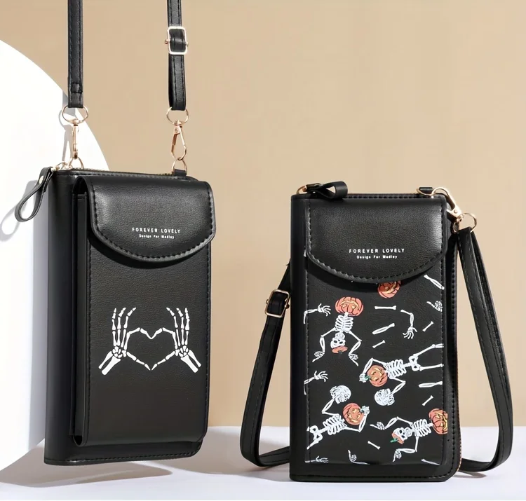 Spooky Ghost Skull Crossbody Bag - Halloween Zippered Style - Gothic Phone Purse with Secure compartments for Fashion Witches