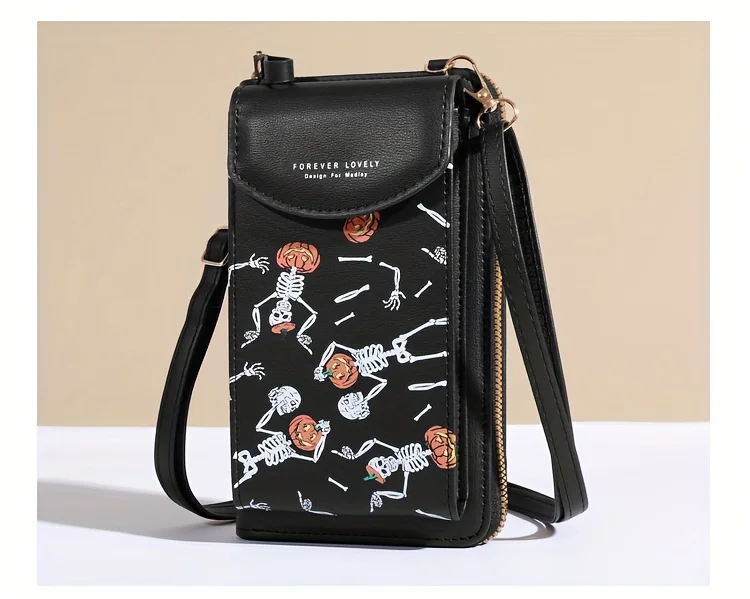 Spooky Ghost Skull Crossbody Bag - Halloween Zippered Style - Gothic Phone Purse with Secure compartments for Fashion Witches