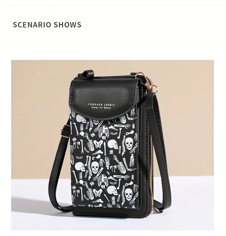 Spooky Ghost Skull Crossbody Bag - Halloween Zippered Style - Gothic Phone Purse with Secure compartments for Fashion Witches