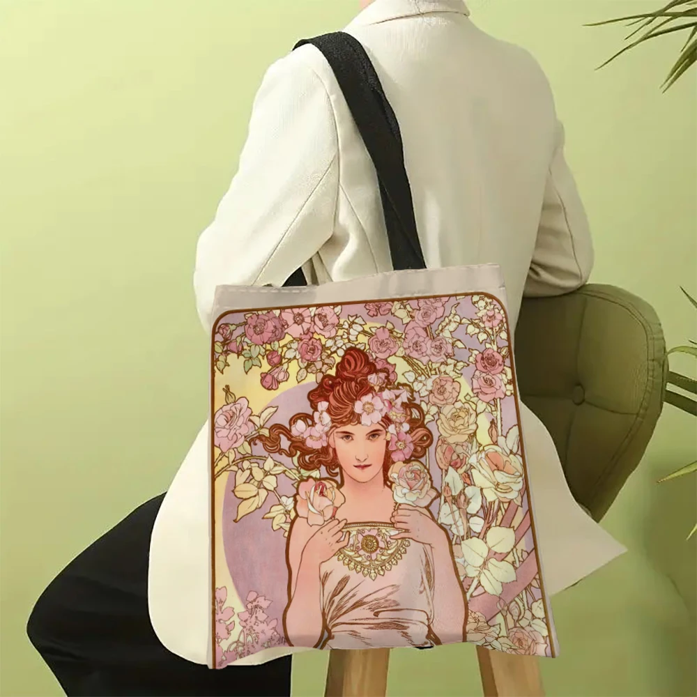 Mucha Series Digital Printed Linen Bag Open Tote Bag Handbag Retro Shopping Bag